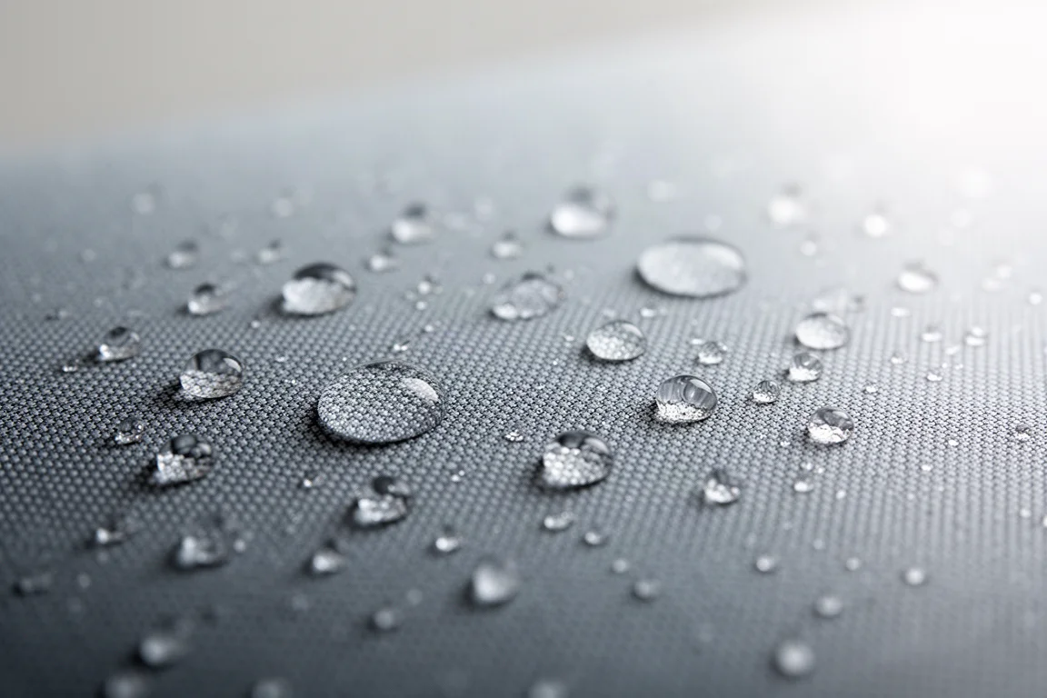 Makroaufnahme von Wassertropfen, die auf einer gewebten technischen Stoffoberfläche abperlen