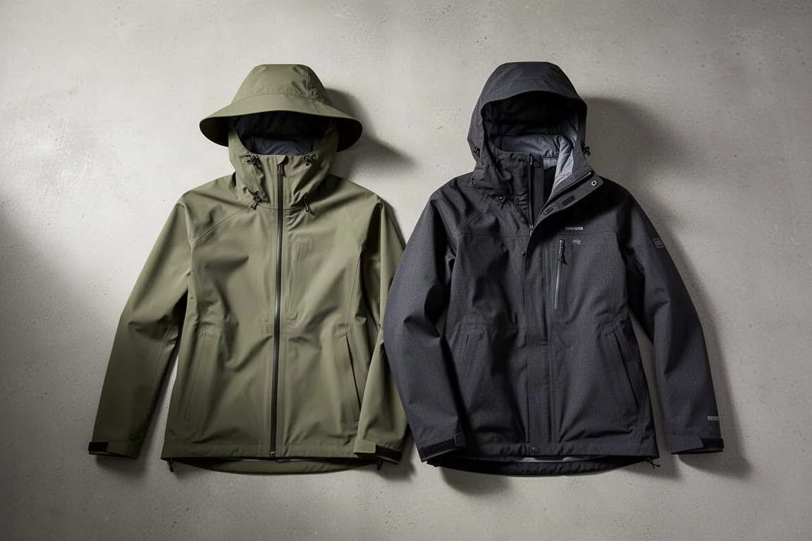 Two hooded mountaineering shell jackets side by side on a matte concrete surface