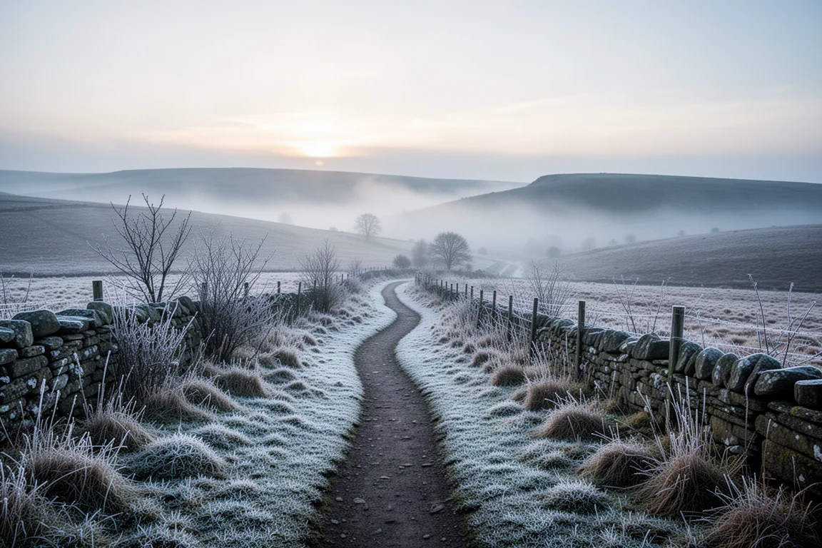 Met rijp bedekte heidepad bij zonsopgang met lage mist en koud ochtendlicht