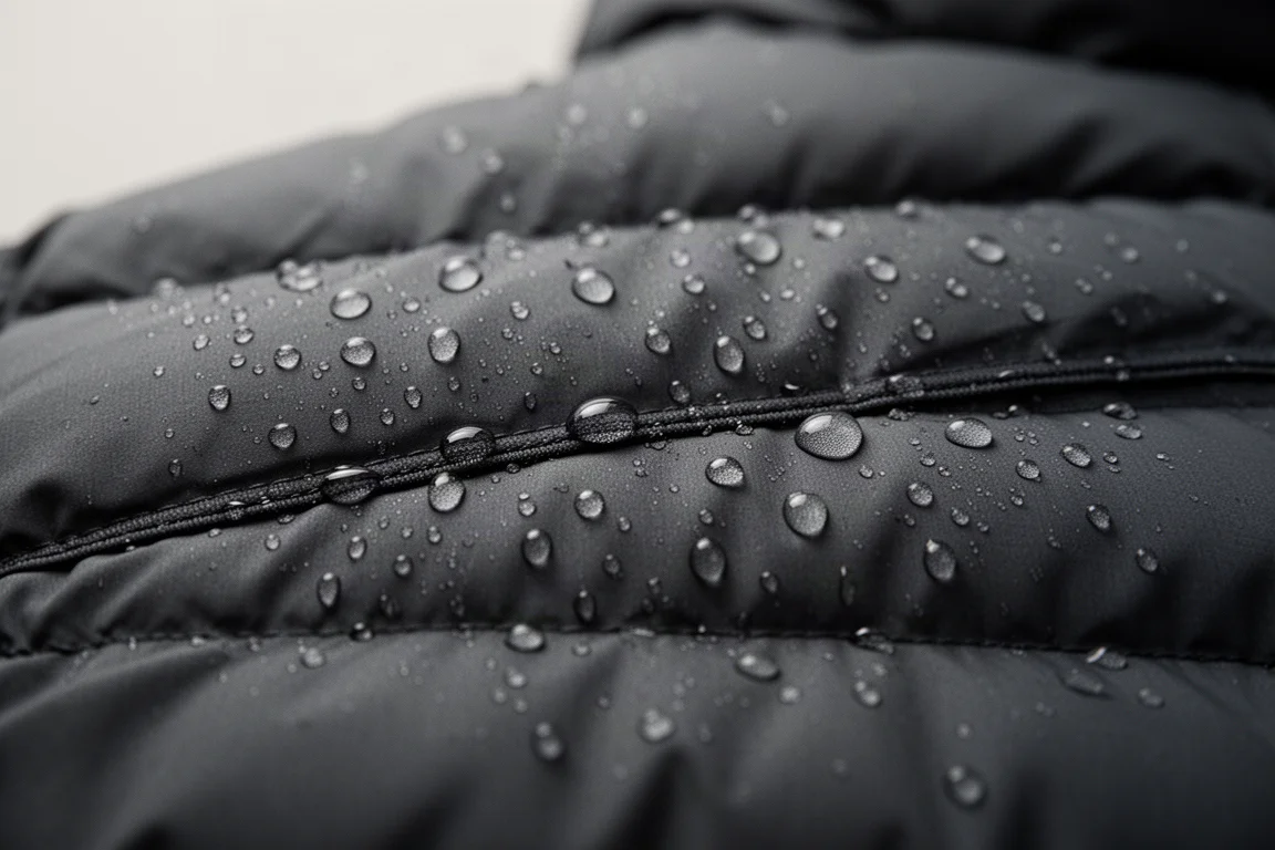 Close-up van waterdruppels parelend op de gewatteerde stof van een donsjack