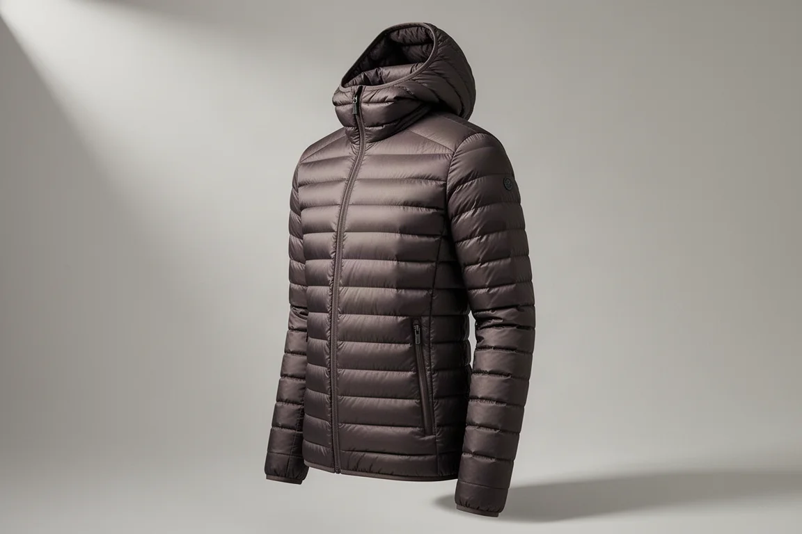 Lightweight quilted down jacket with adjustable hood on a neutral grey backdrop