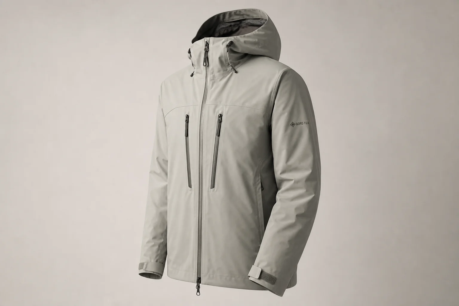 Mountain Equipment Makalu 三層 GoreTex 防水外套，背景簡潔中性