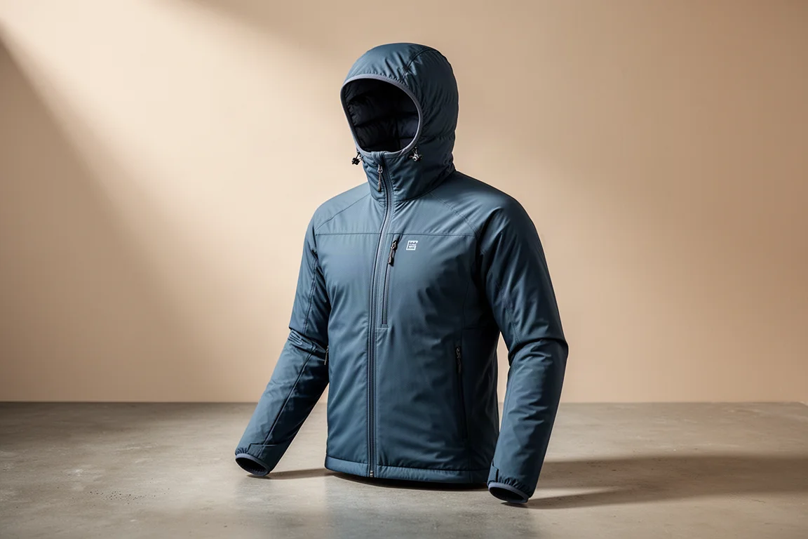 Lightweight synthetic belay jacket photographed at a three-quarter angle on concrete