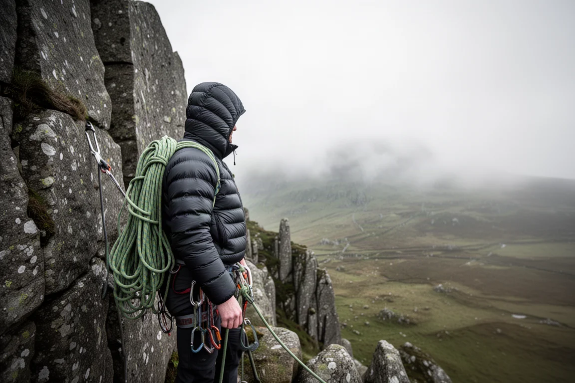 Climber in an insulated jacket at a windy belay stance on a grey crag