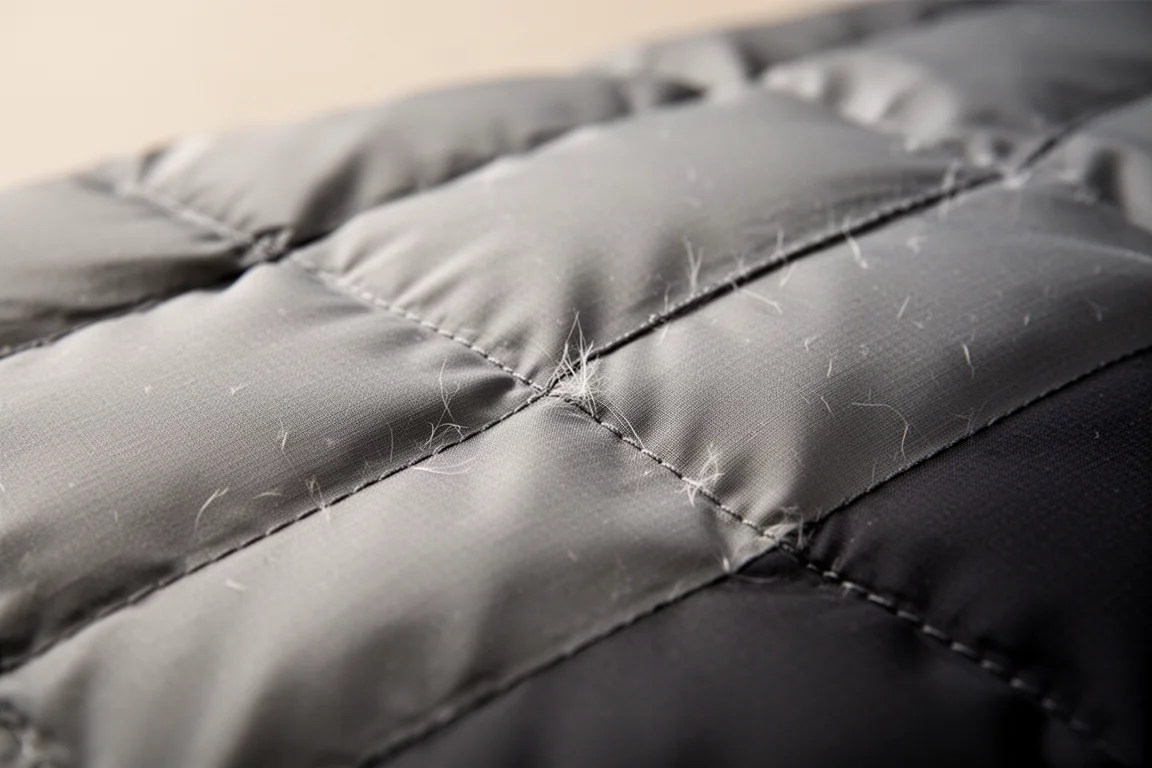 Close-up of quilted synthetic insulation and stitch lines under a thin face fabric