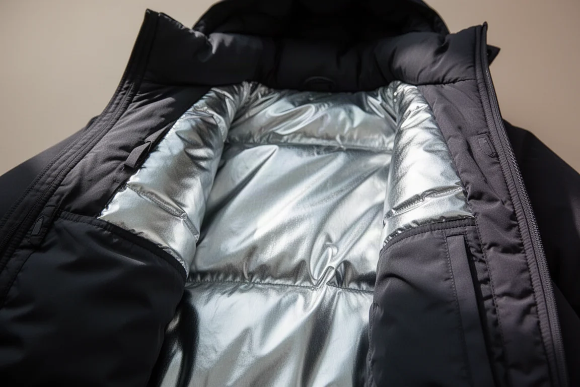 Silvery reflective jacket lining catching the light against dark synthetic loft
