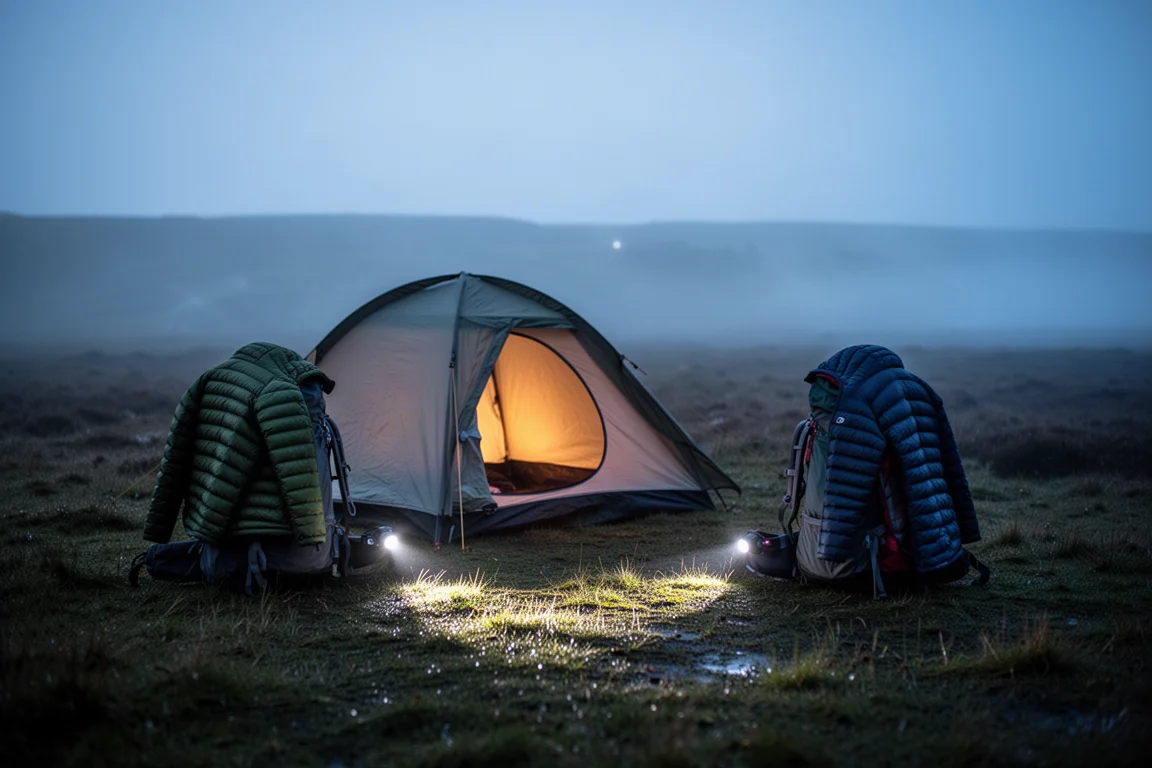 Cold dusk camp scene with tent glow and insulated jackets on rucksacks