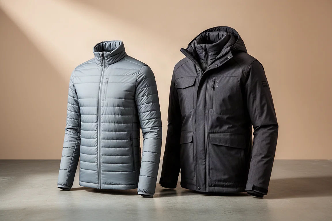 Two synthetic belay jackets side by side on a concrete surface in studio light