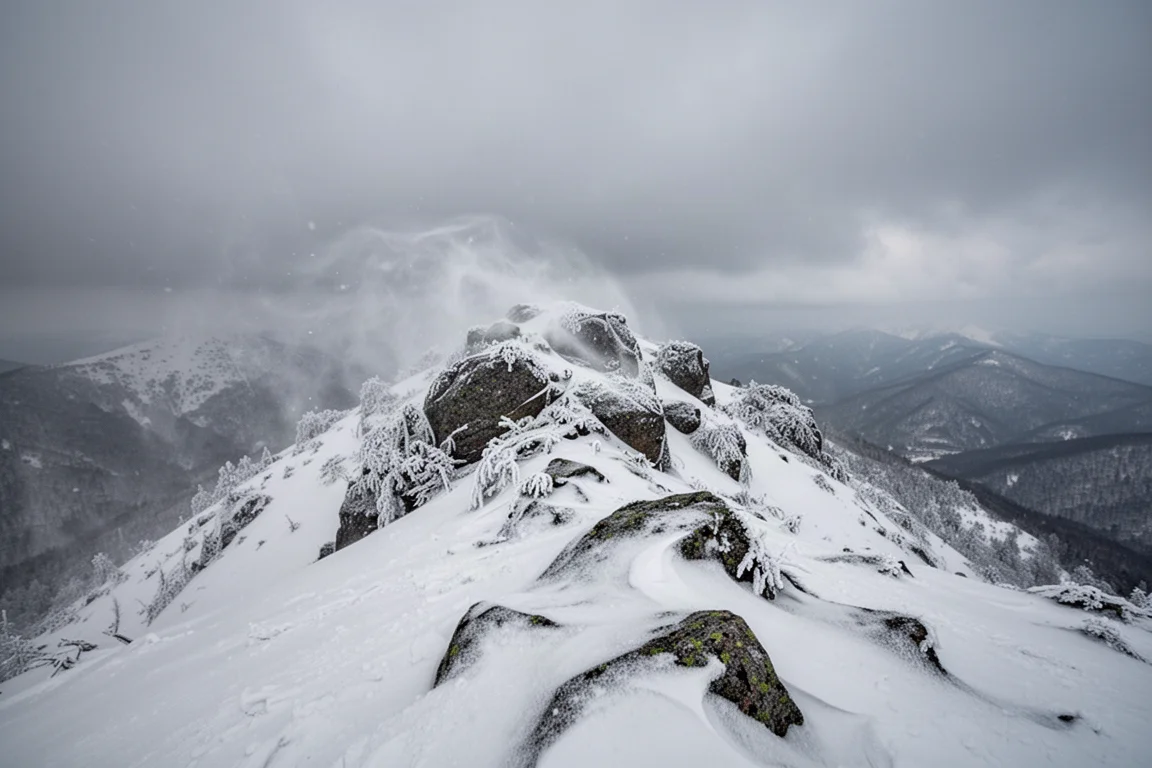 Cresta invernale innevata sotto pesanti nuvole grigie con neve sollevata dal vento sulla cima rocciosa