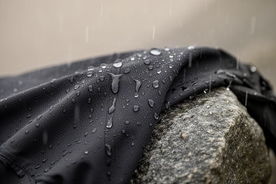 Primo piano di gocce d'acqua su tessuto tecnico scuro per gusci drappeggiato su roccia bagnata
