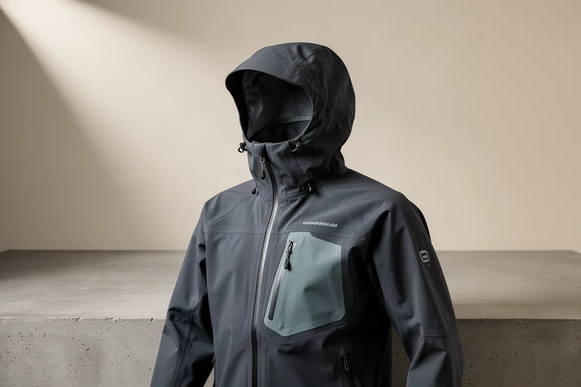 Dark charcoal technical winter climbing hardshell jacket on a matte concrete surface