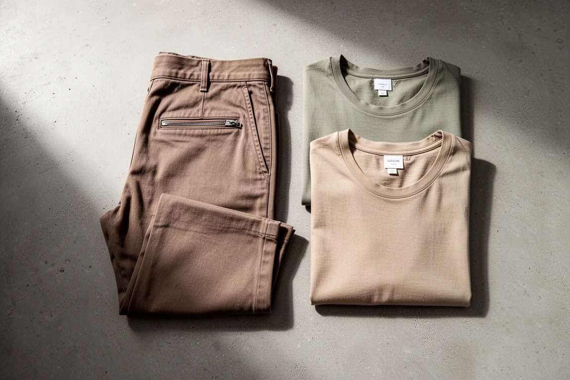 Pantaloni da arrampicata in canvas e due t-shirt di cotone piegate disposte su una superficie in cemento