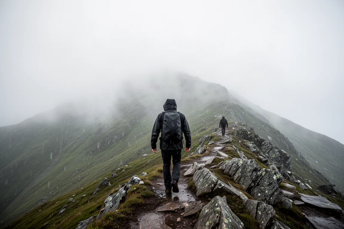 身穿深色防水衣物的登山者在风吹雨打中行走于开阔的山脊上