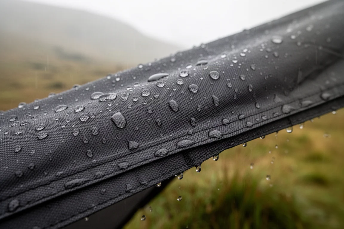 雨水在深色三层防水布料上凝成水珠，背景是模糊的山坡