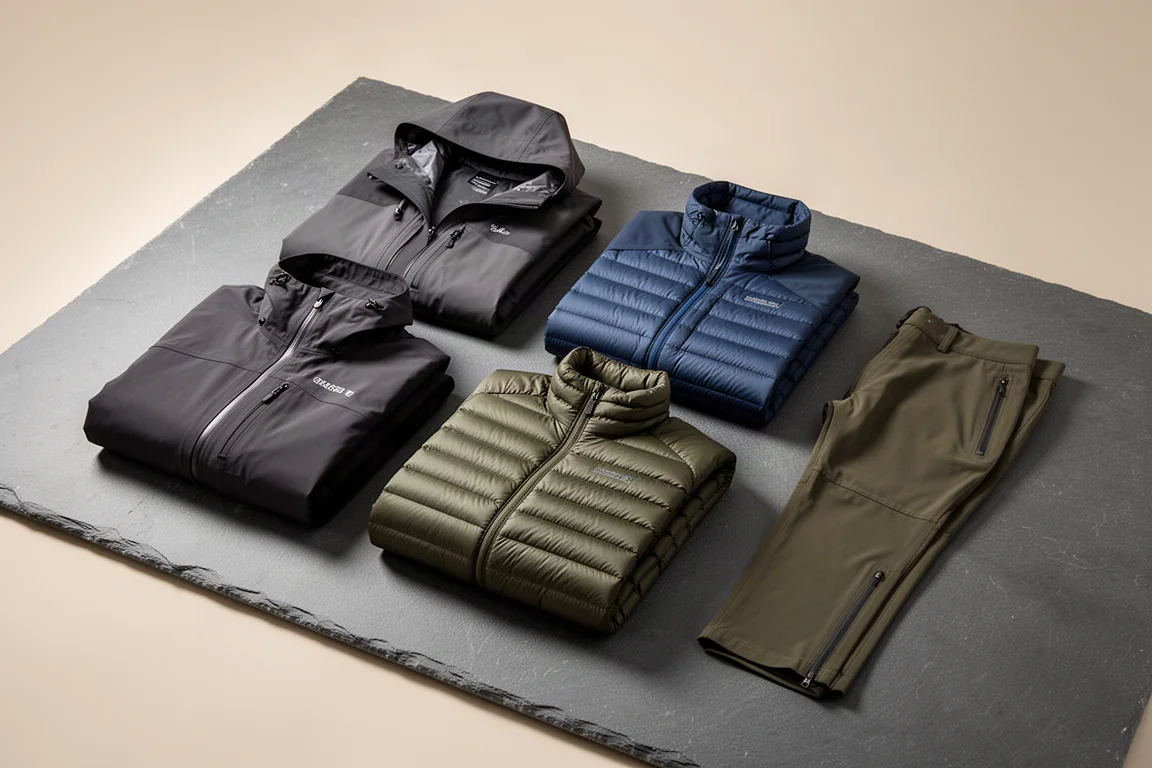 Four folded Mountain Equipment waterproof layers arranged on a slate grey surface