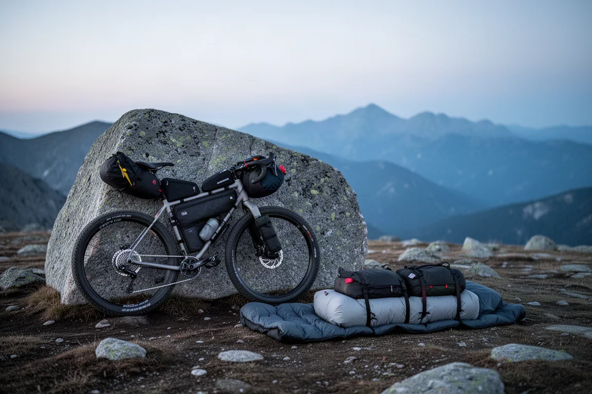 Bicicleta de bikepacking carregada ao lado de um conjunto de dormir compacto ao anoitecer em terreno elevado