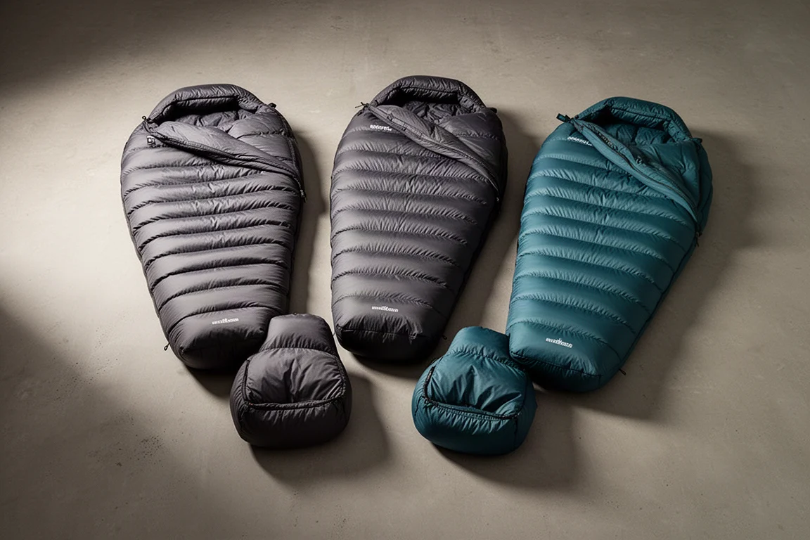 Three ultralight mummy down sleeping bags arranged on a concrete surface