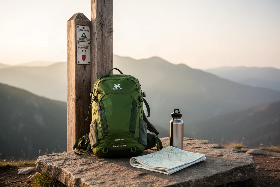 Flat lay van uitrusting voor een dagwandeling op verweerd hout rond een opgerolde band