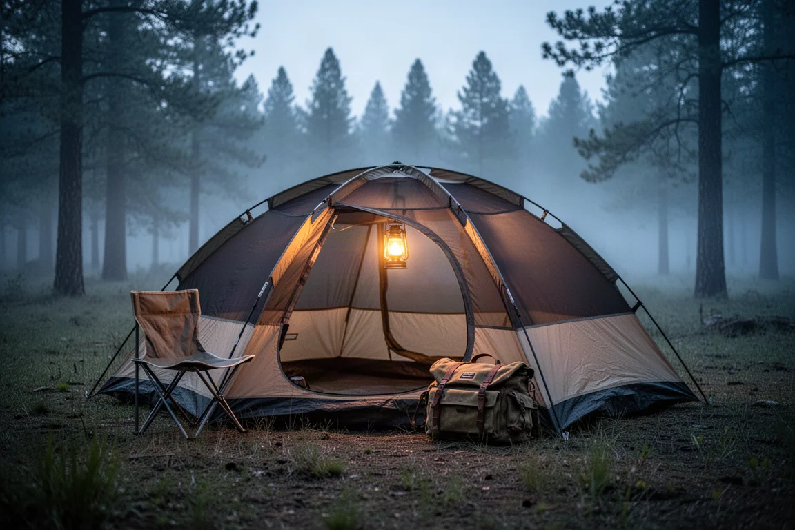 Tienda de campaña iluminada al atardecer en un claro de bosque brumoso con una silla y una bolsa de equipo