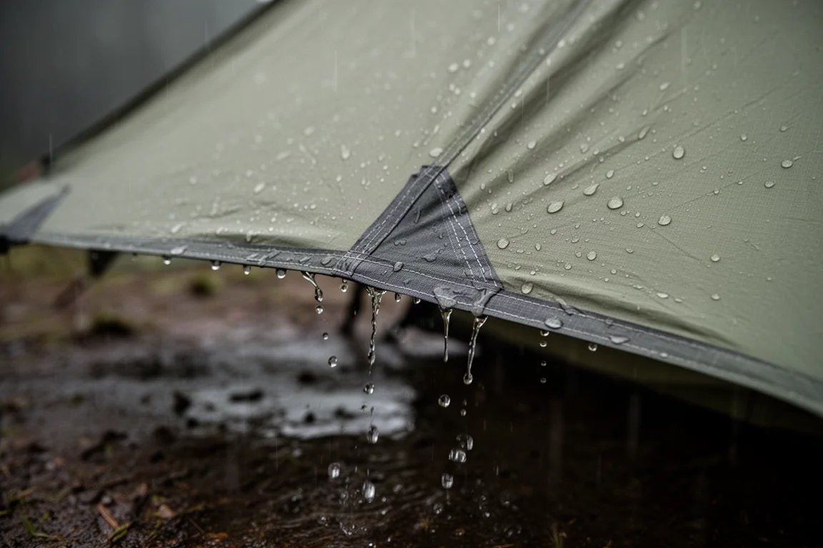 Gotas de lluvia sobre una costura sellada en el sobretechado tenso de una tienda bajo luz nublada