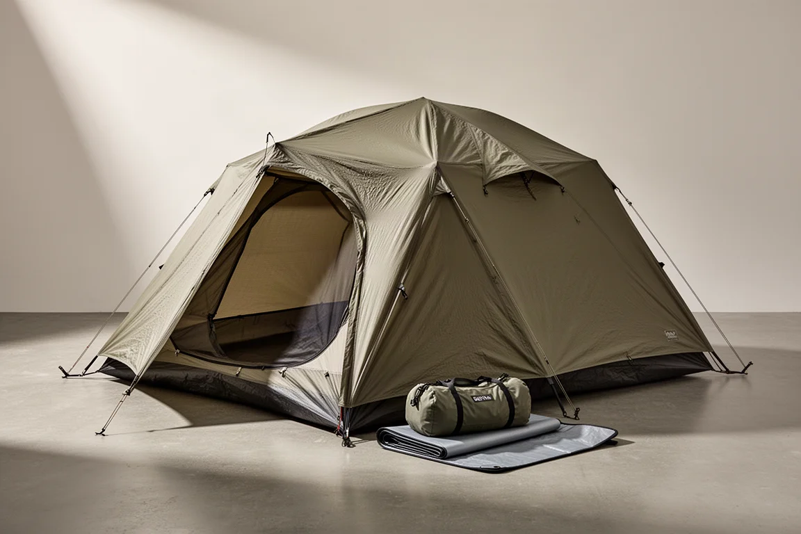 Three-person camping tent pitched on a concrete surface with carry bag and footprint nearby