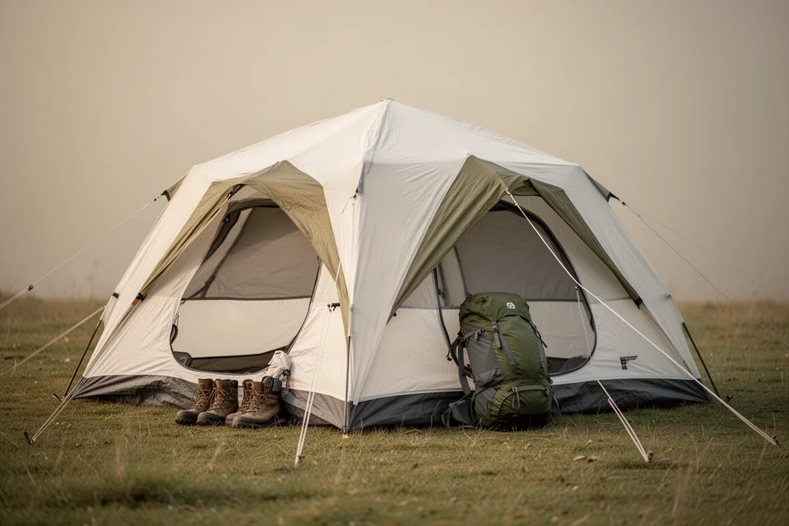 Dos puertas de tienda abiertas en lados opuestos con vestíbulos separados en un camping