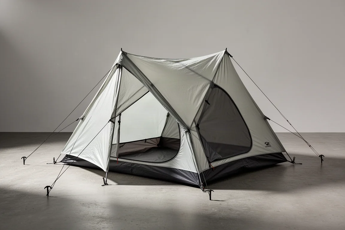 Tenda da backpacking per due persone grigio chiaro montata su una superficie in cemento con tiranti ben tesi
