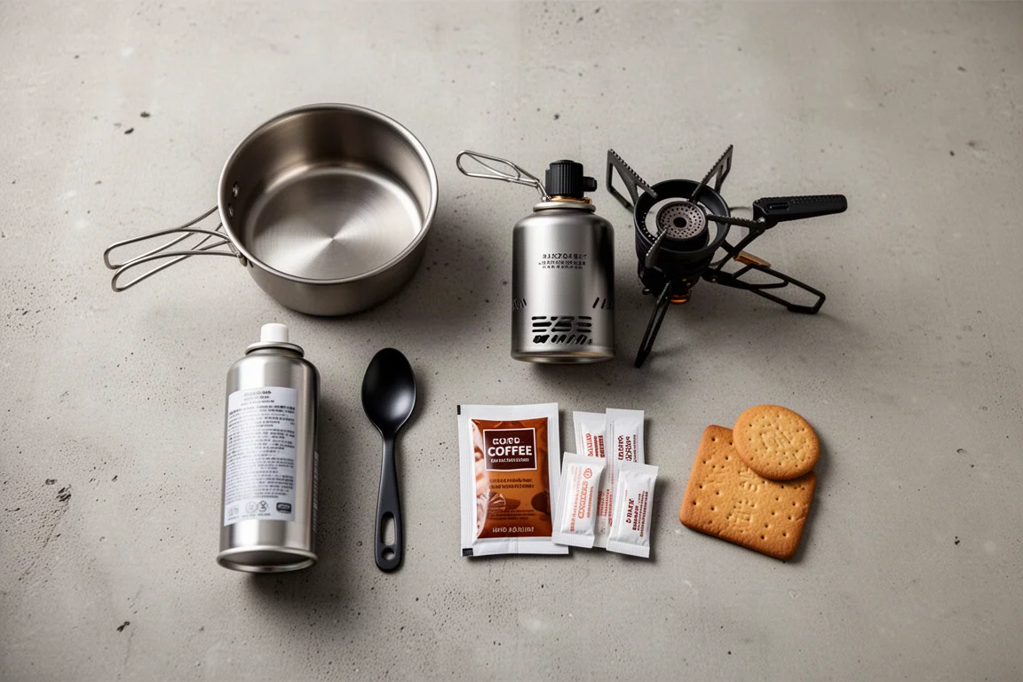 Kompaktes Kochset mit Kartusche, Brenner, Löffel, Kaffee und Keks auf Beton arrangiert