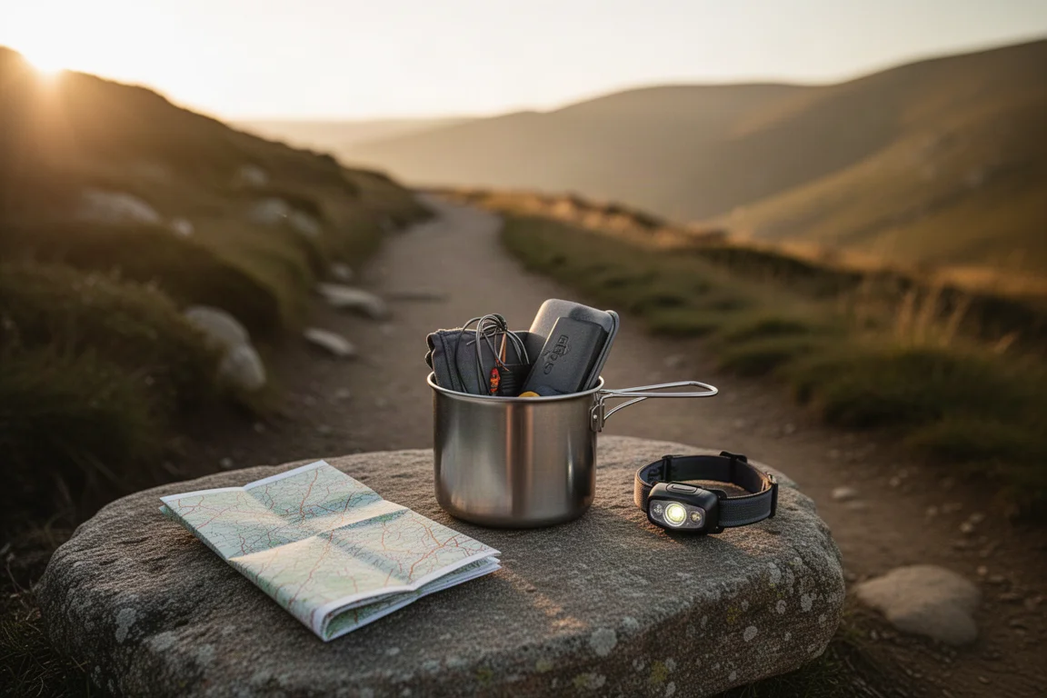 Gepacktes Taschen-Kochset auf einem flachen Stein neben einem Wanderweg bei Sonnenuntergang