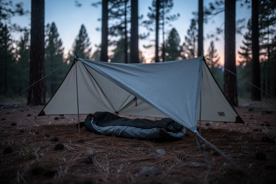 Campeggio minimalista con tarp al crepuscolo in una pineta con un sottile sacco bivy sotto