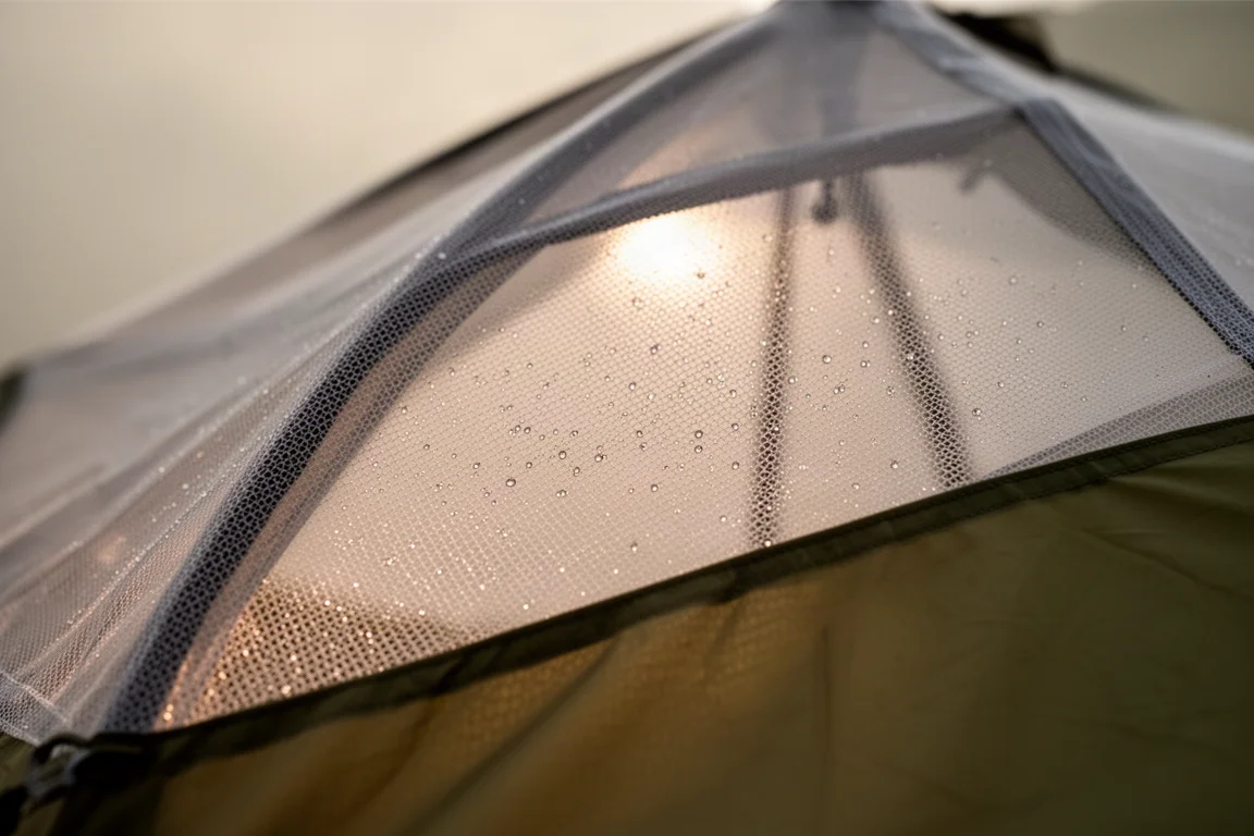Primo piano di un pannello in zanzariera fine su un sacco bivy leggero controluce dal sole del mattino