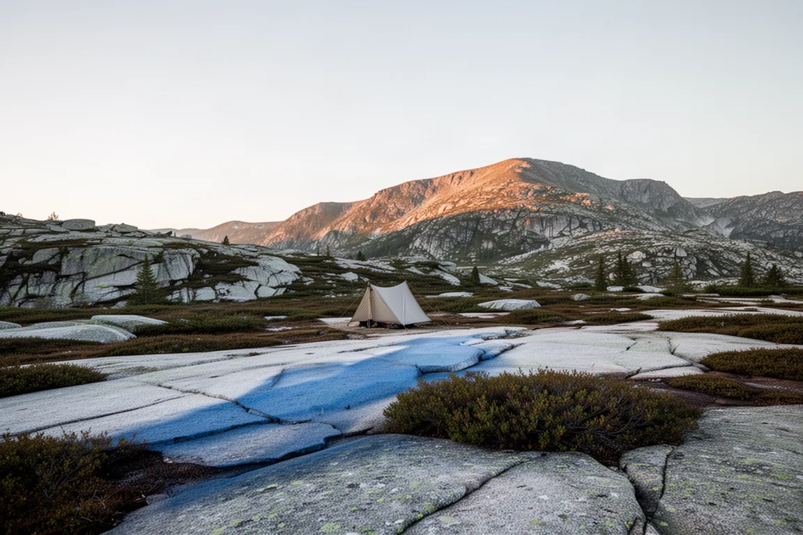 Ampio paesaggio alpino all'alba con un piccolo rifugio tarp su lastre di granito