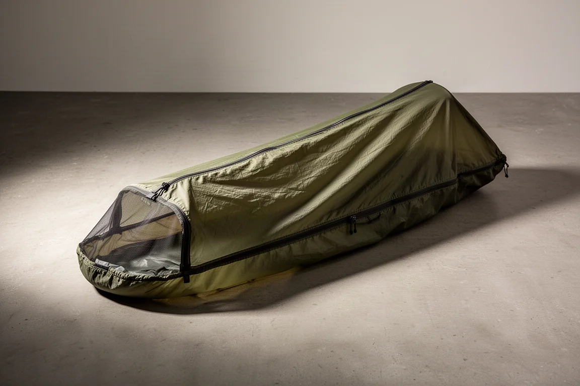 Sacco bivy in silnylon Mountain Laurel Designs SuperLight Bivy appoggiato su una superficie in cemento