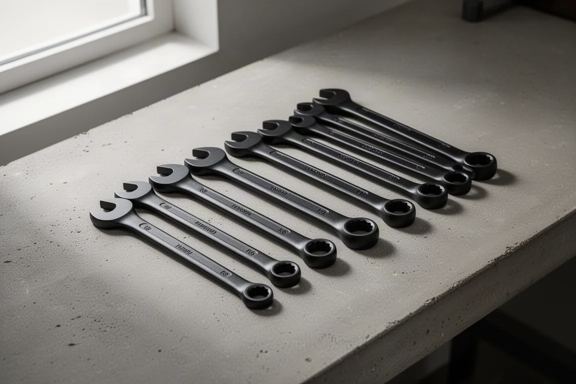 Row of long black ratcheting combination wrenches on a concrete workbench