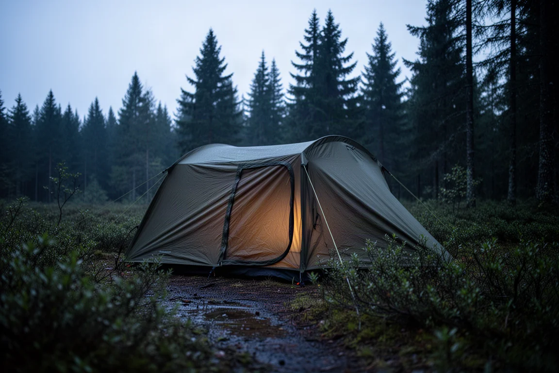 Flaches grünes Bivvy-Zelt zwischen Bäumen in der Dämmerung für Stealth-Camping