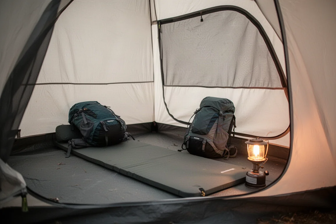 Innenraum eines kleinen Camping-Unterstands mit Isomatte, Rucksack und kleinem Kocher