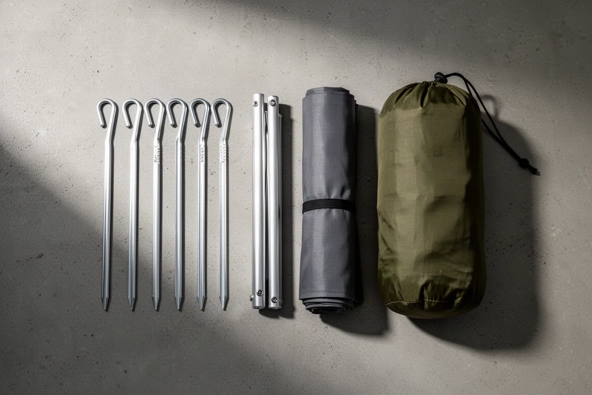 Flache Anordnung von Heringen, gefalteten Stangen, Bodenschutz und Packsack auf Beton