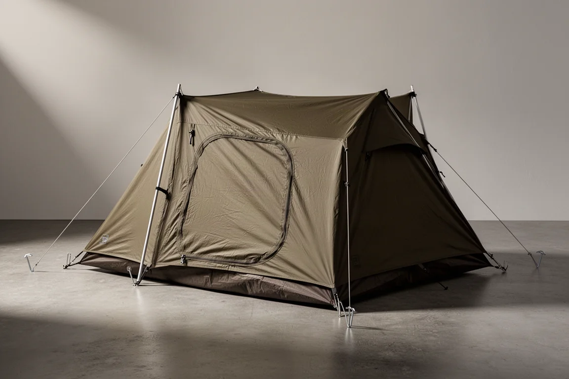Low-profile brownish-green bivvy tent pitched with aluminium stakes on concrete