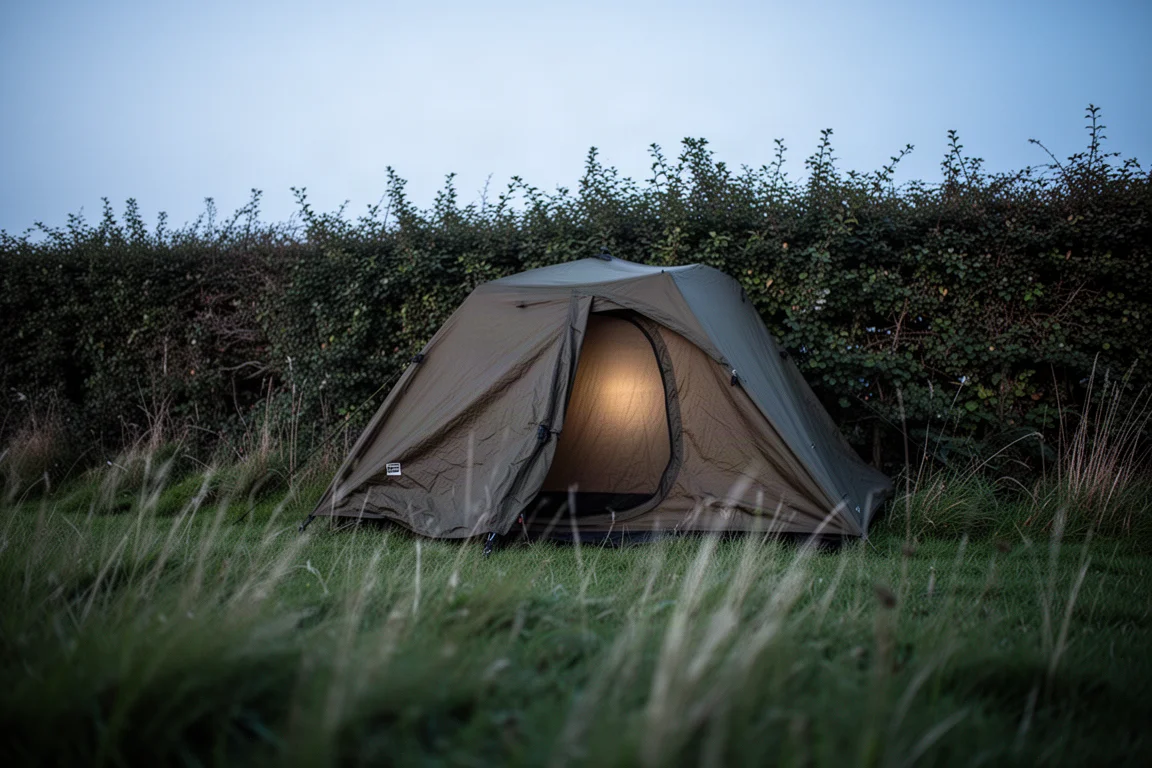 Low-profile bivvy tent tucked against a hedgerow at dusk for stealth camping