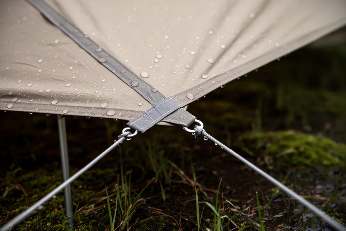 Rain beading on a taut tent fly seam with an aluminium stake and guy line