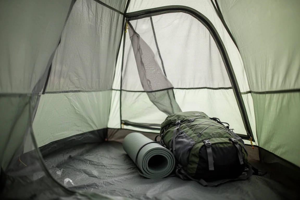 Sleeping pad and packed backpack inside a small one-person bivvy tent interior