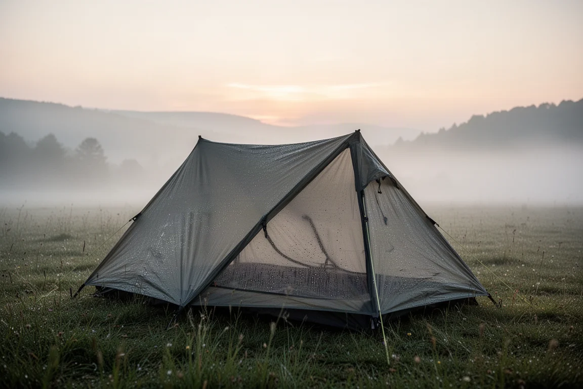 Low bivvy tent in a misty meadow at sunrise with dew on the fly