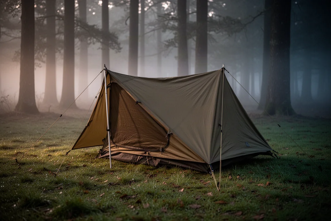 Low-profile bivvy tent pitched at a misty woodland clearing edge at dawn