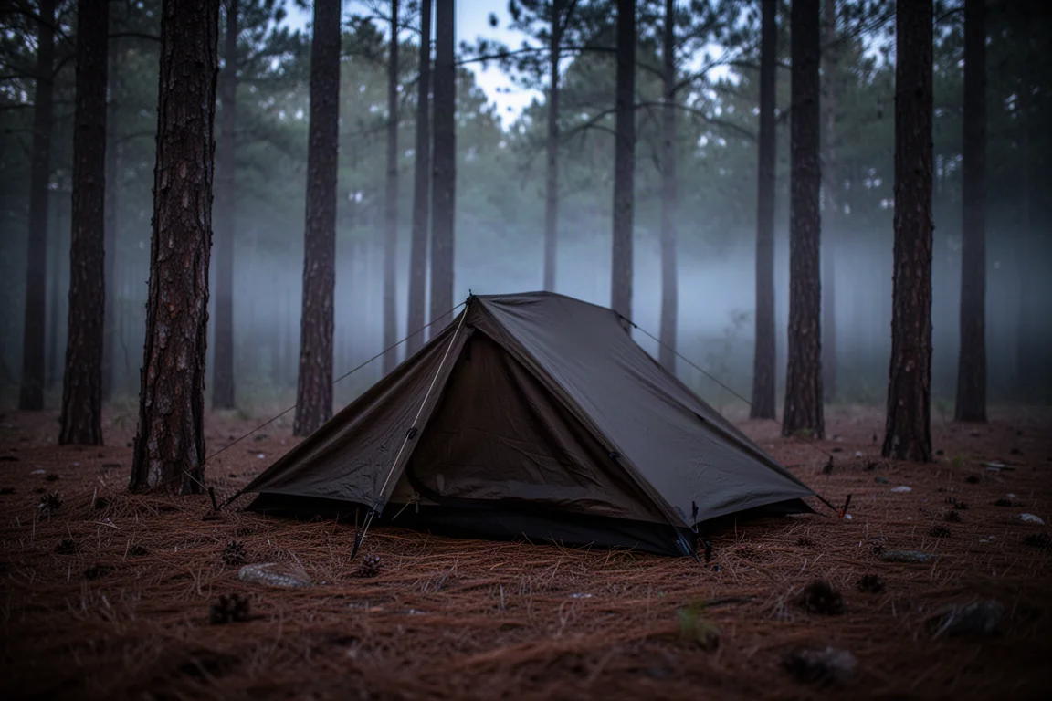 Low-profile dark one-person tent pitched among pine trees at dusk