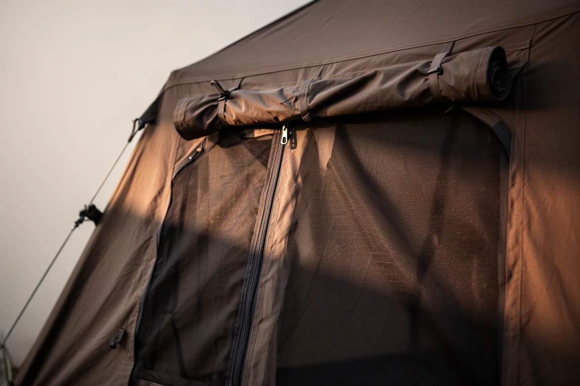 Close-up of a large tent door with storm flap rolled back to reveal mesh