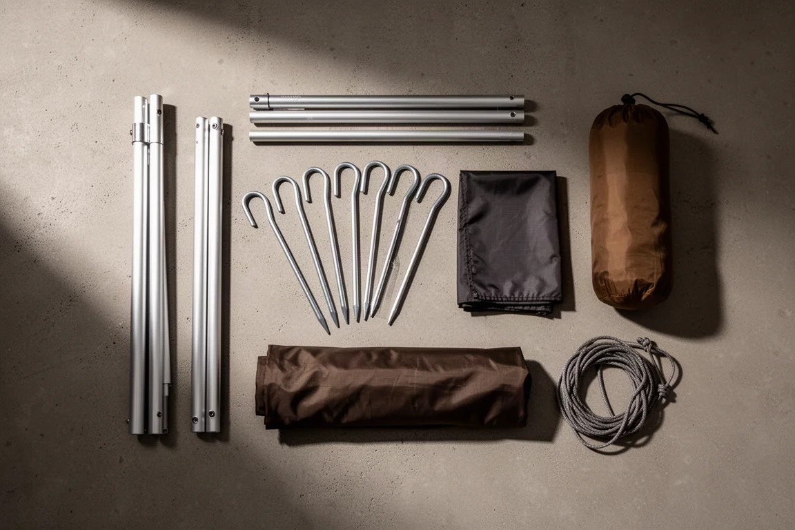 Flat lay of tent poles, shepherd hook stakes, footprint, and stuff sack on concrete