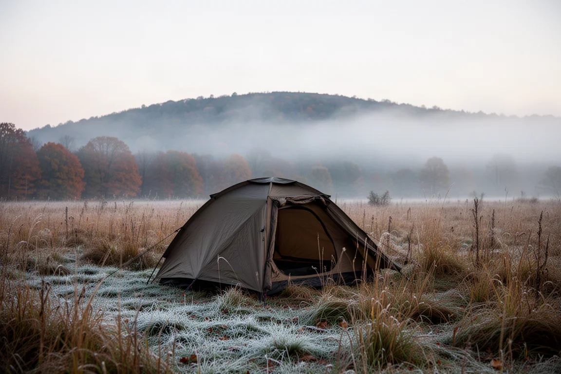 Low-profile dark tent pitched in frosty autumn grass at dawn