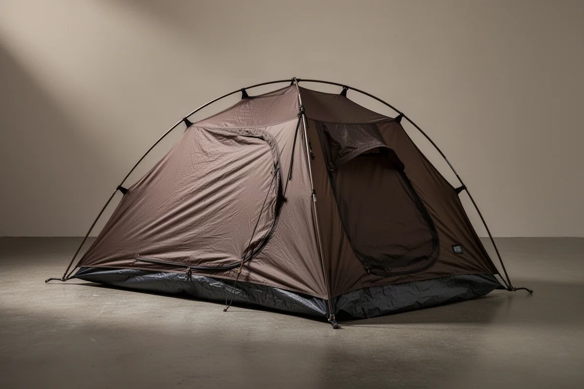 Low-profile dark one-person bivy tent pitched on a neutral concrete surface