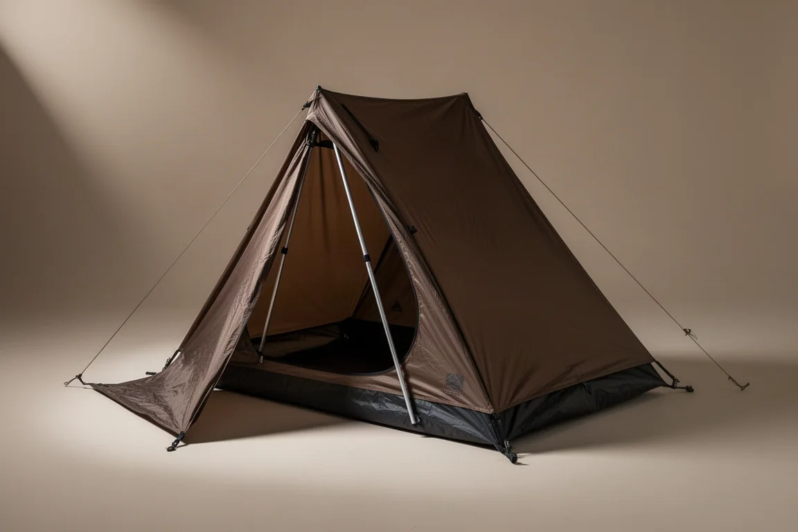 Bivy monoposto a profilo basso color coyote brown montato su uno sfondo neutro da studio