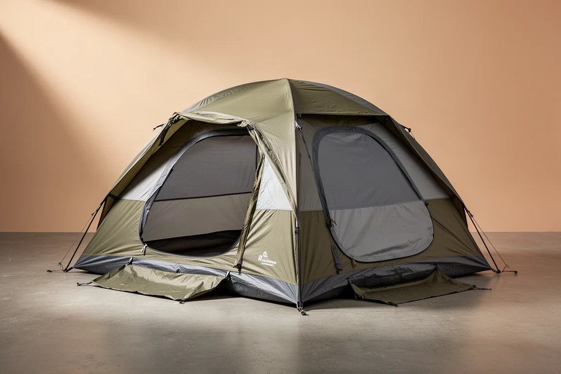 Tenda a cupola da due posti grigia e arancione montata su una superficie in cemento con luce da studio soffusa
